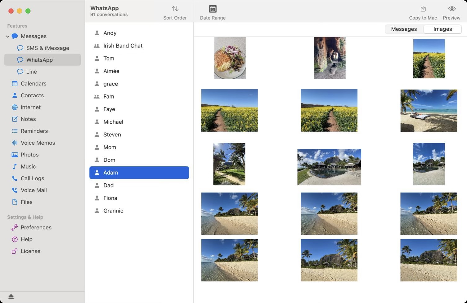 TouchCopy WhatsApp photos Screenshot showing how to save images from WhatsApp messages in TouchCopy app on Mac.