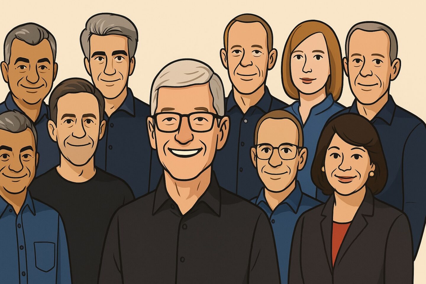 Cartoon of Apple's current executive team with Apple CEO Tim Cook in the foreground.