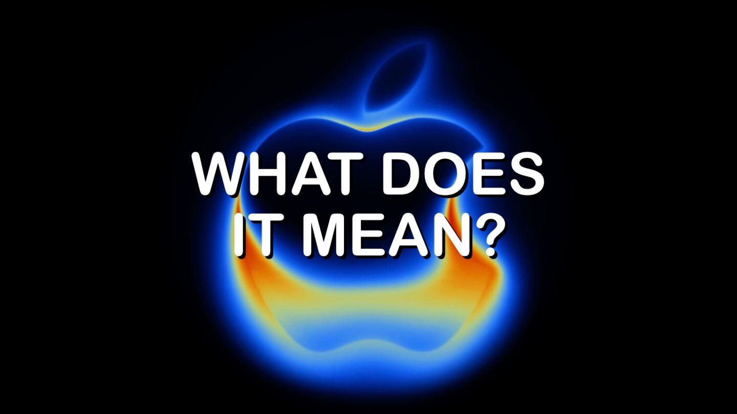An image of the "Awe Dropping" event invitation (a weirdly colored Apple logo) with the words, "What does it mean?" to illustrate a story about hints buried in the Apple event logo