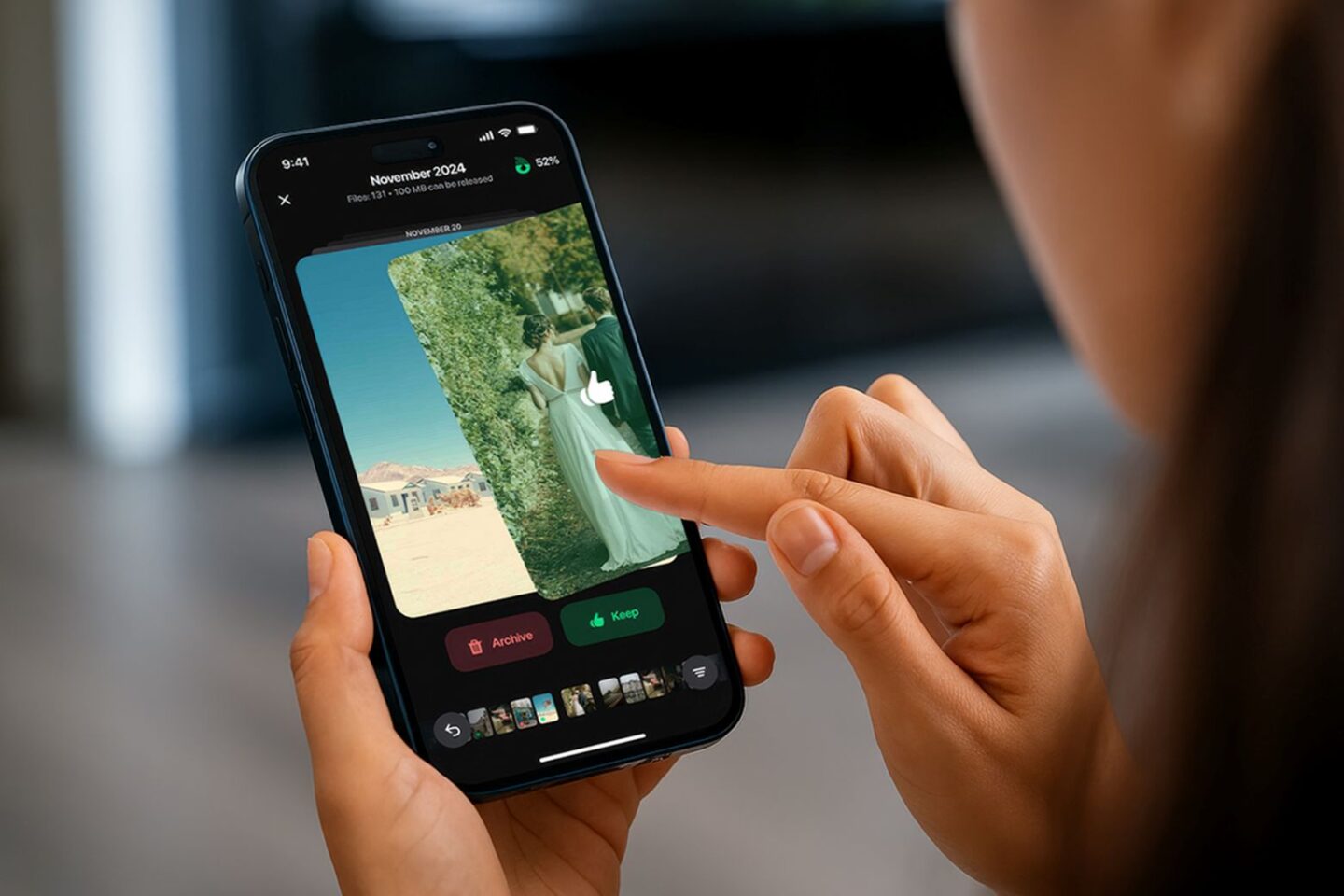 Swiping through photos on an iPhone.