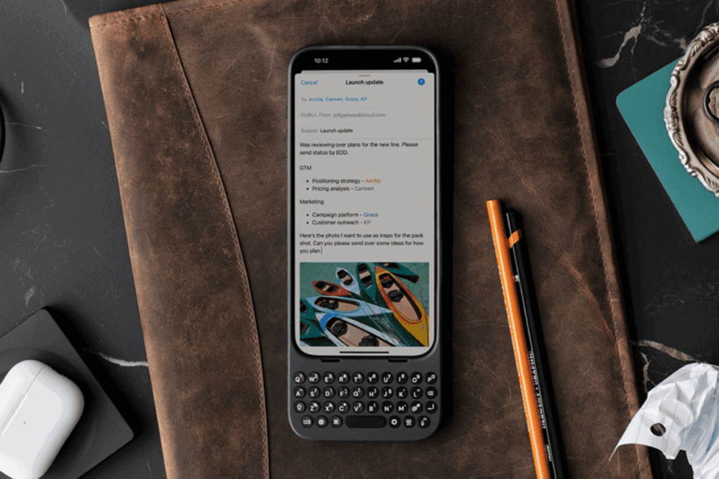 Photo of an iPhone with Clicks keyboard case on it