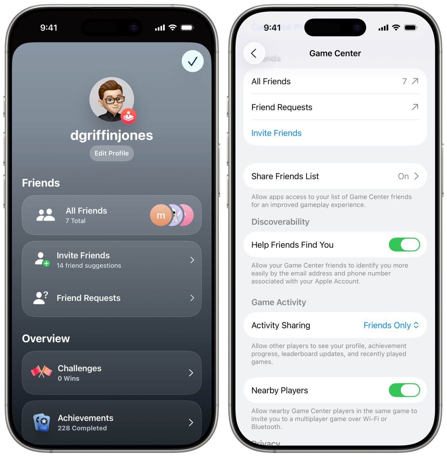 Setting up a profile in Apple Games and Settings