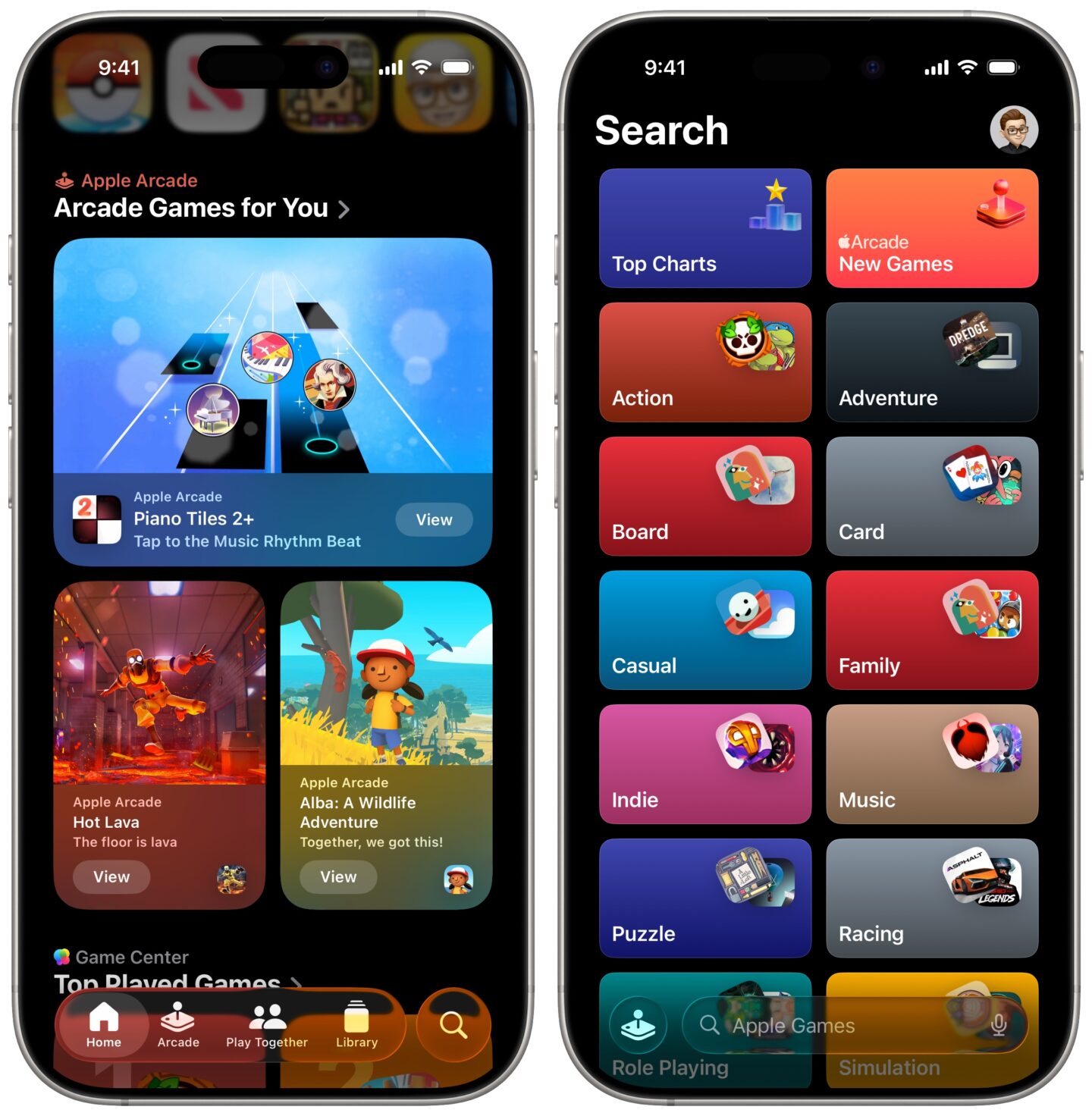 The Home and Search tabs of the new Games app