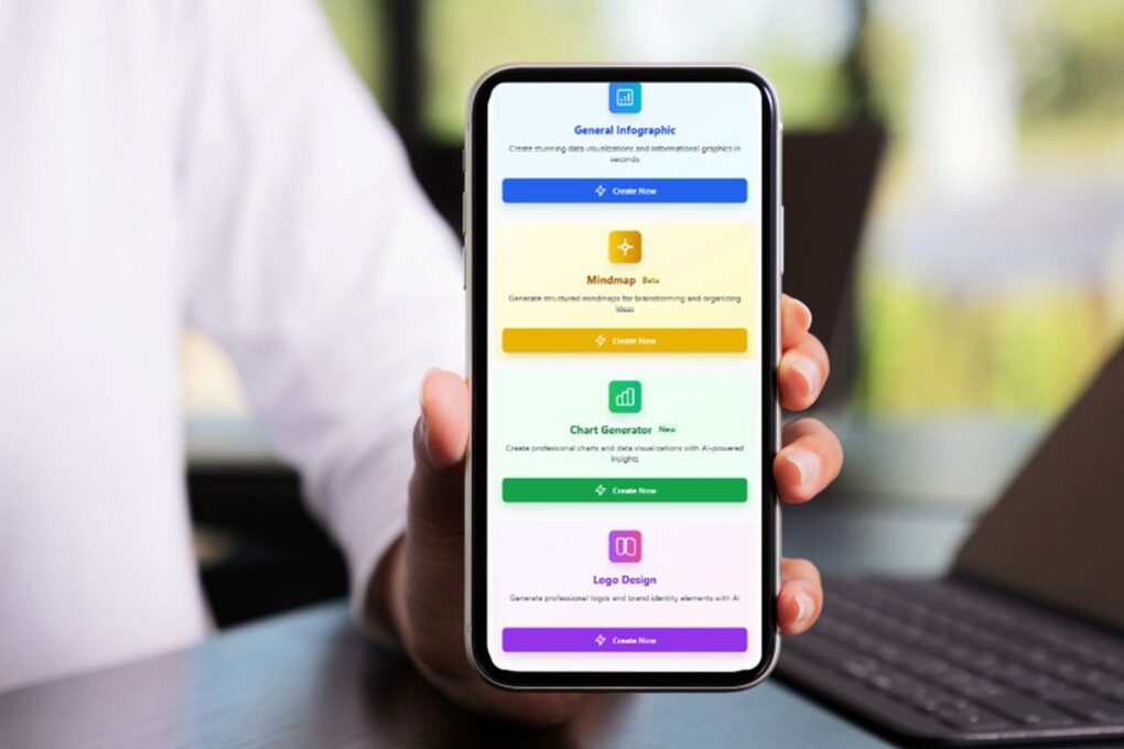 Photo of infographics generator InfographsAI on a smartphone screen.