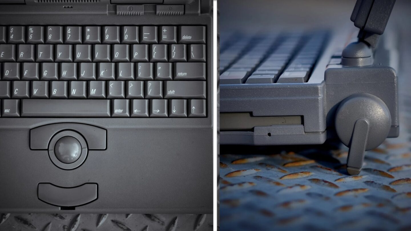 PowerBook 165 design details Two photos showing PowerBook 165 design details: trackpad placement and foot for adjusting laptop's tilt.