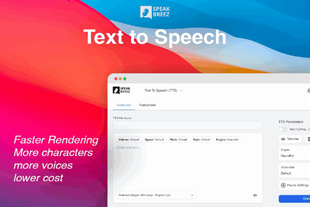 Mac screenshot shows SpeakBreez AI voice generator in action