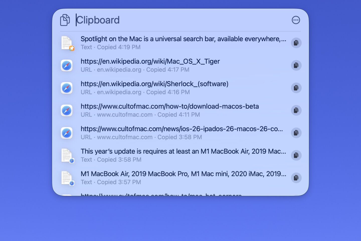 Mac screenshot shows Spotlight's new clipboard feature