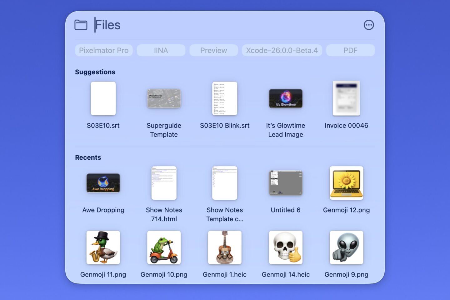 Mac screenshot showing files in Spotlight in macOS 26