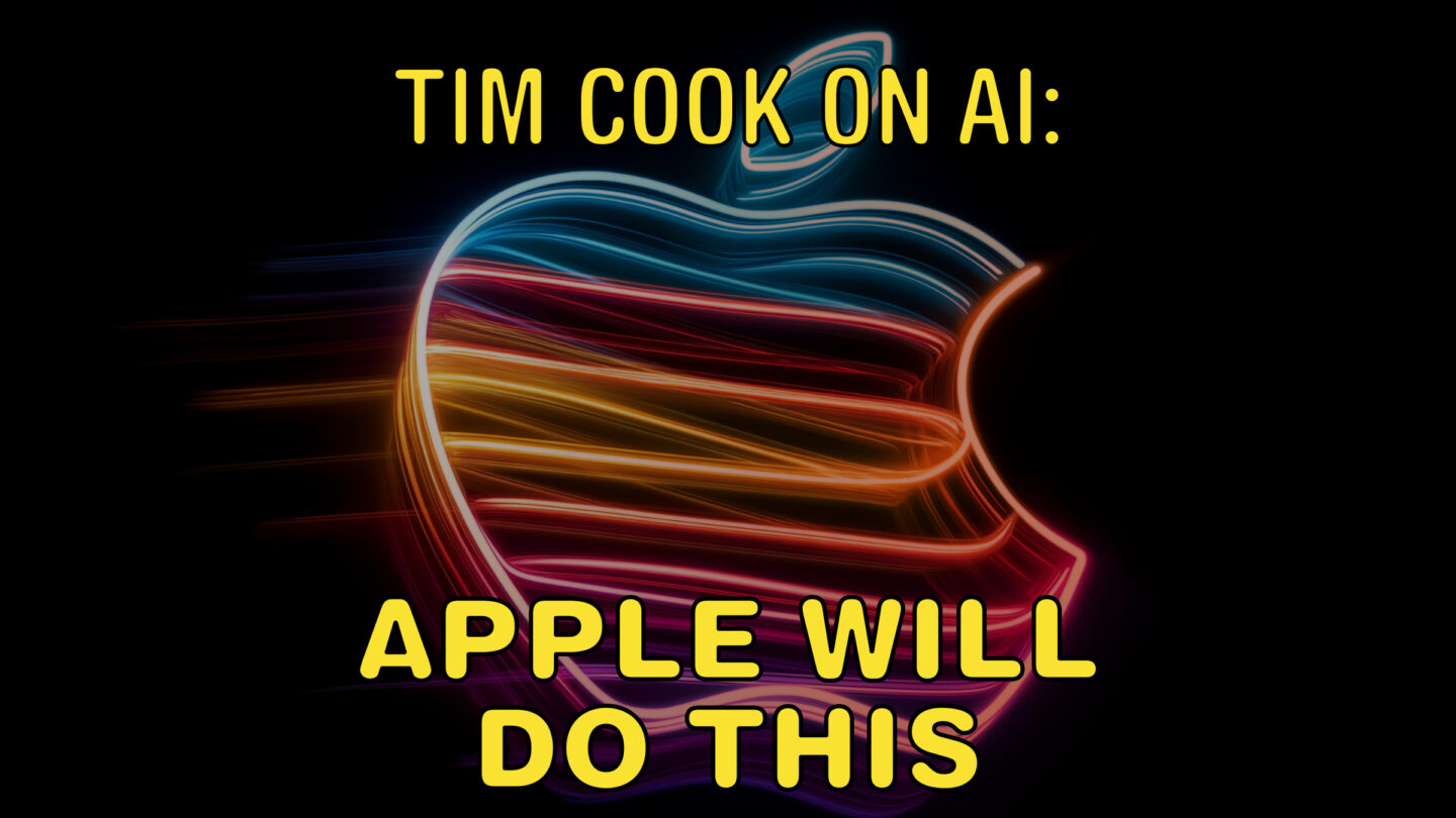 AI generated image of Apple logo, with the text: "Tim Cook on AI: Apple will do this."