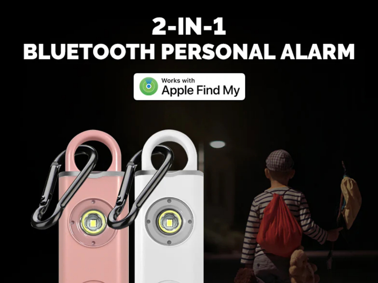 Personal alarm keychain Marketing image showing two personal alarms, with the words "2-in-1 Bluetooth personal alarm" and an image of a child wearing a backpack.
