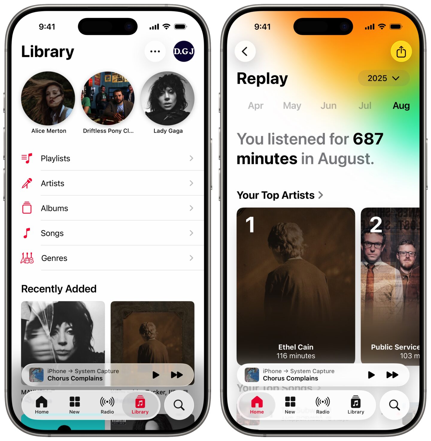 Pinned artists (left) and Apple Music Replay (right)