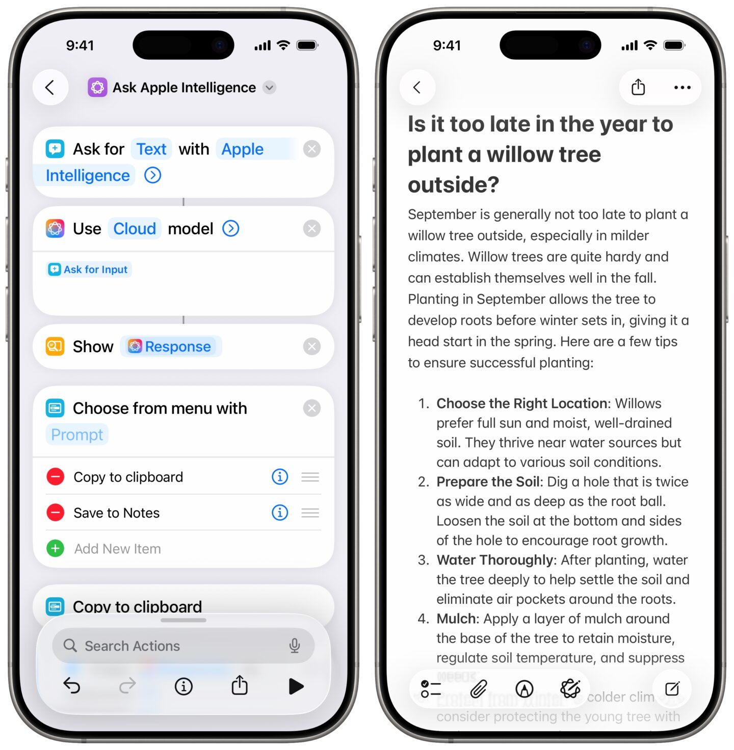 A Shortcut that asks Apple Intelligence a question (left) and its output saved to Notes.