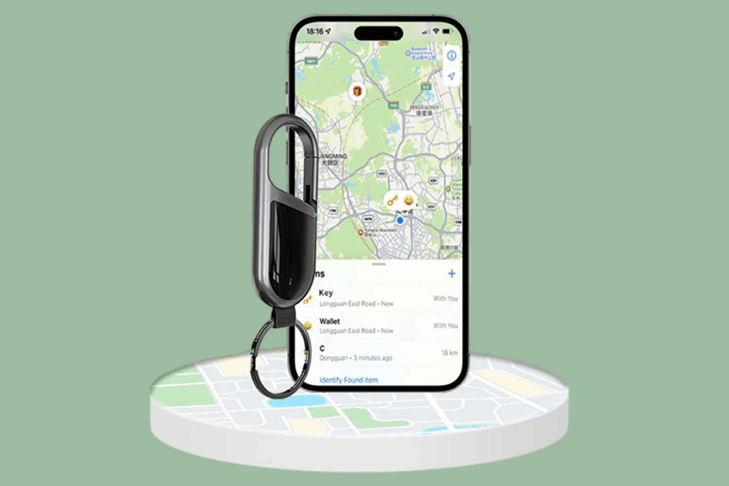 Carabiner keychain and Apple Find My app on a mobile device