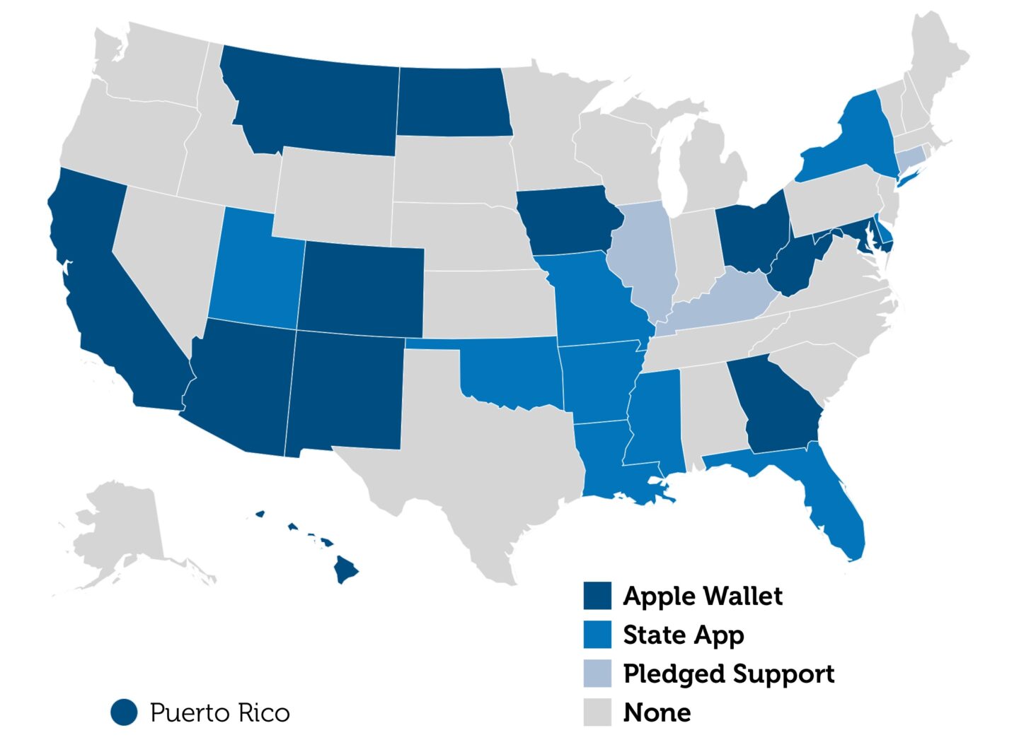Digital ID Map Map of U.S. states with support for IDs in Apple Wallet