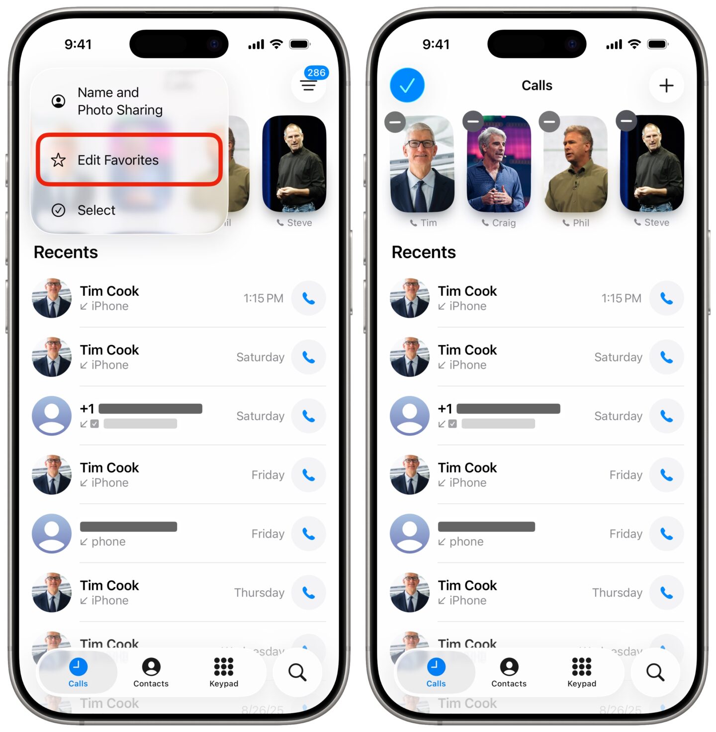 iPhone screenshots show editing the favorite contacts in new Phone app