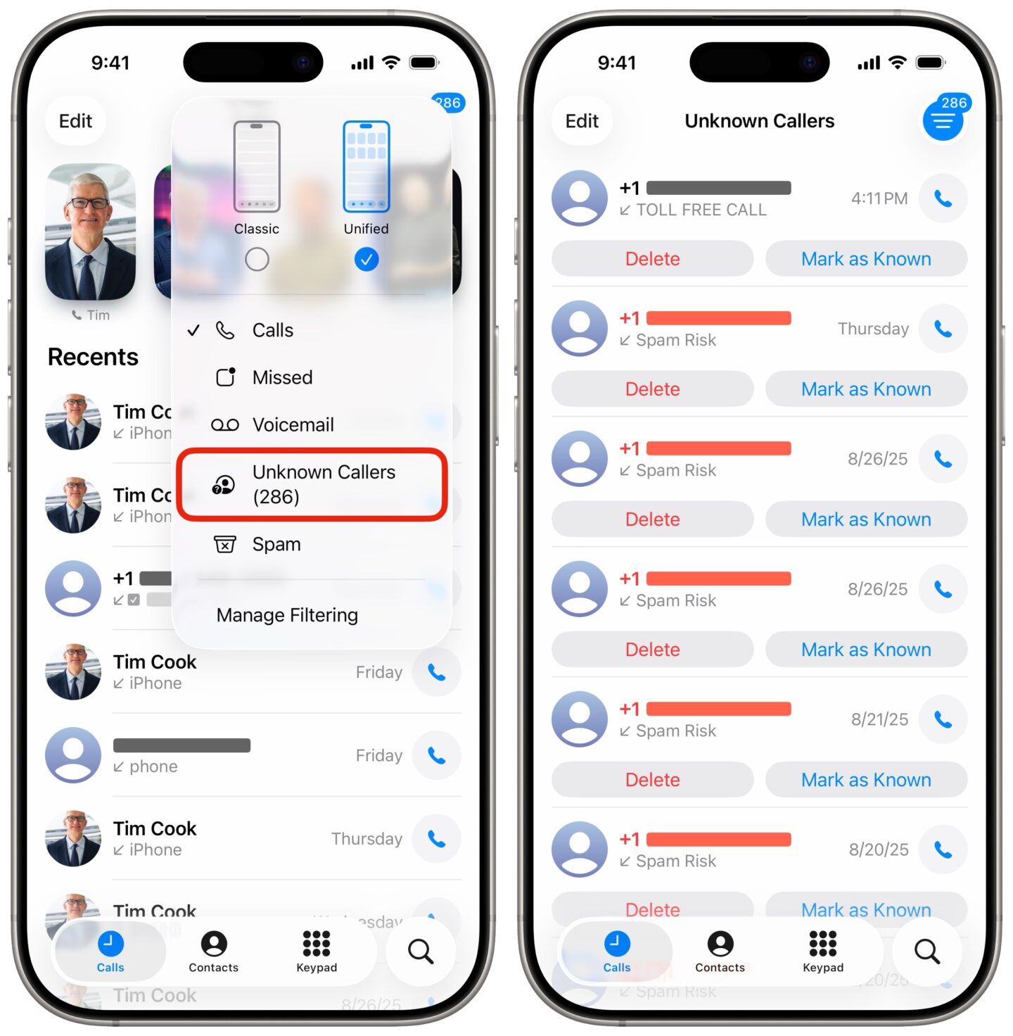 Viewing the calls from unknown numbers.