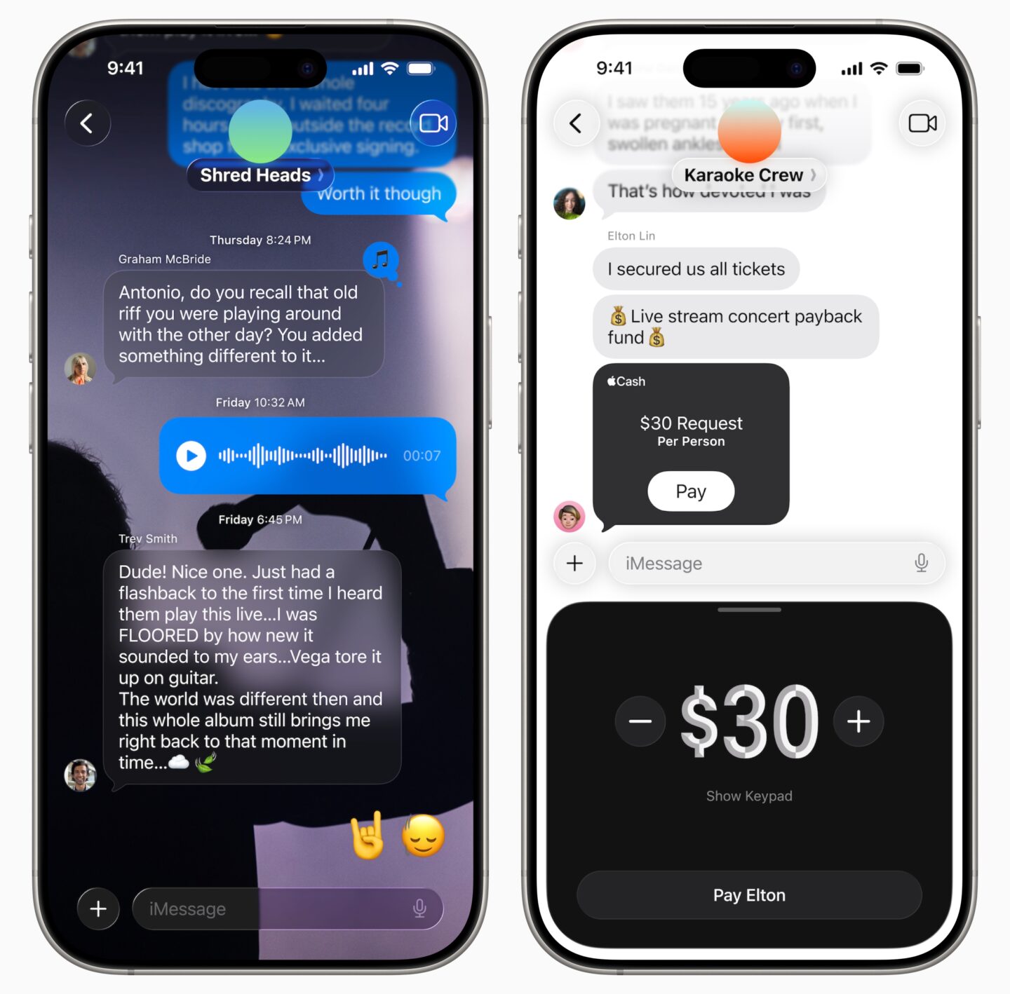 Messages conversations with a custom background and a group Apple Pay Cash request