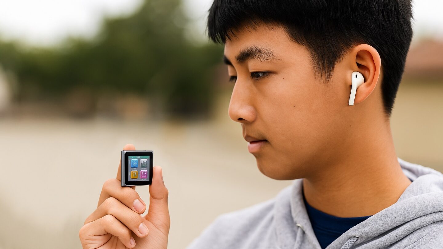 AI image of a person holding a hypothetical new iPod, with AirPods in their ears.