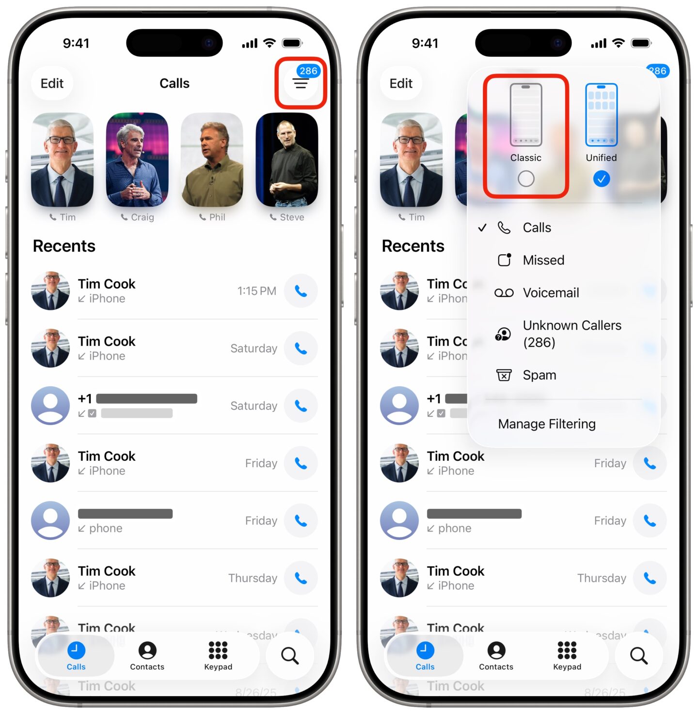 Choosing between the new and old Phone app design