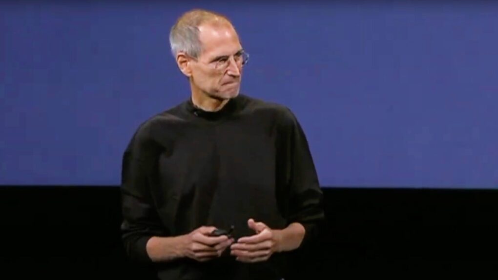 Photo of Steve Jobs on stage at Apple event on September 9, 2009.