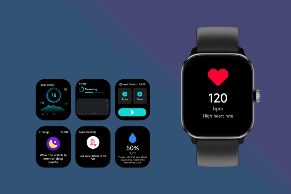 Marketing image of of Tinymoose Tempo Smartwatch and its multiple tiles., used to promote a smartwatch deal post.