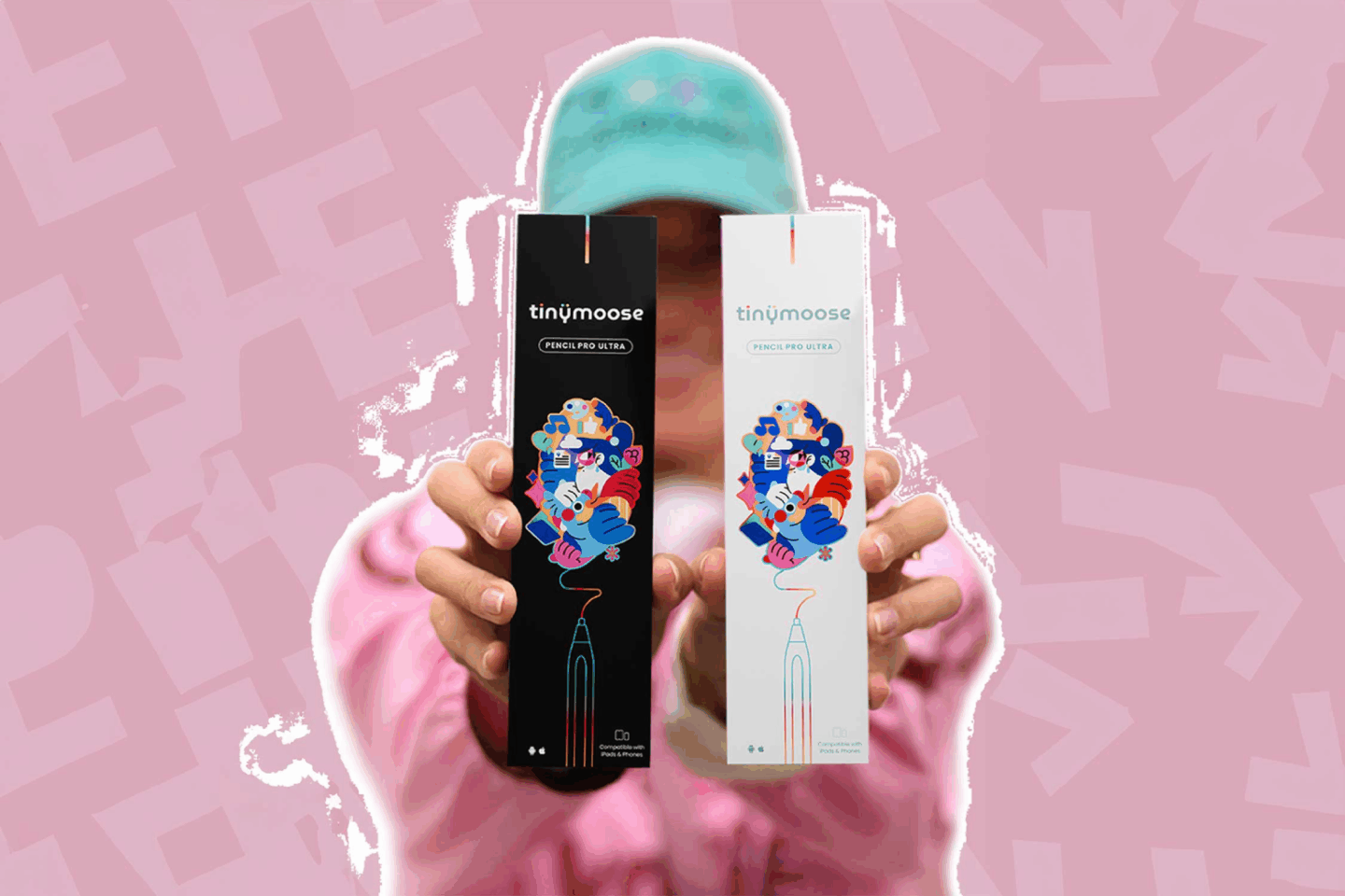 Marketing image of a woman holding Tinymoose Pencil Pro Ultra stylus pen boxes.
