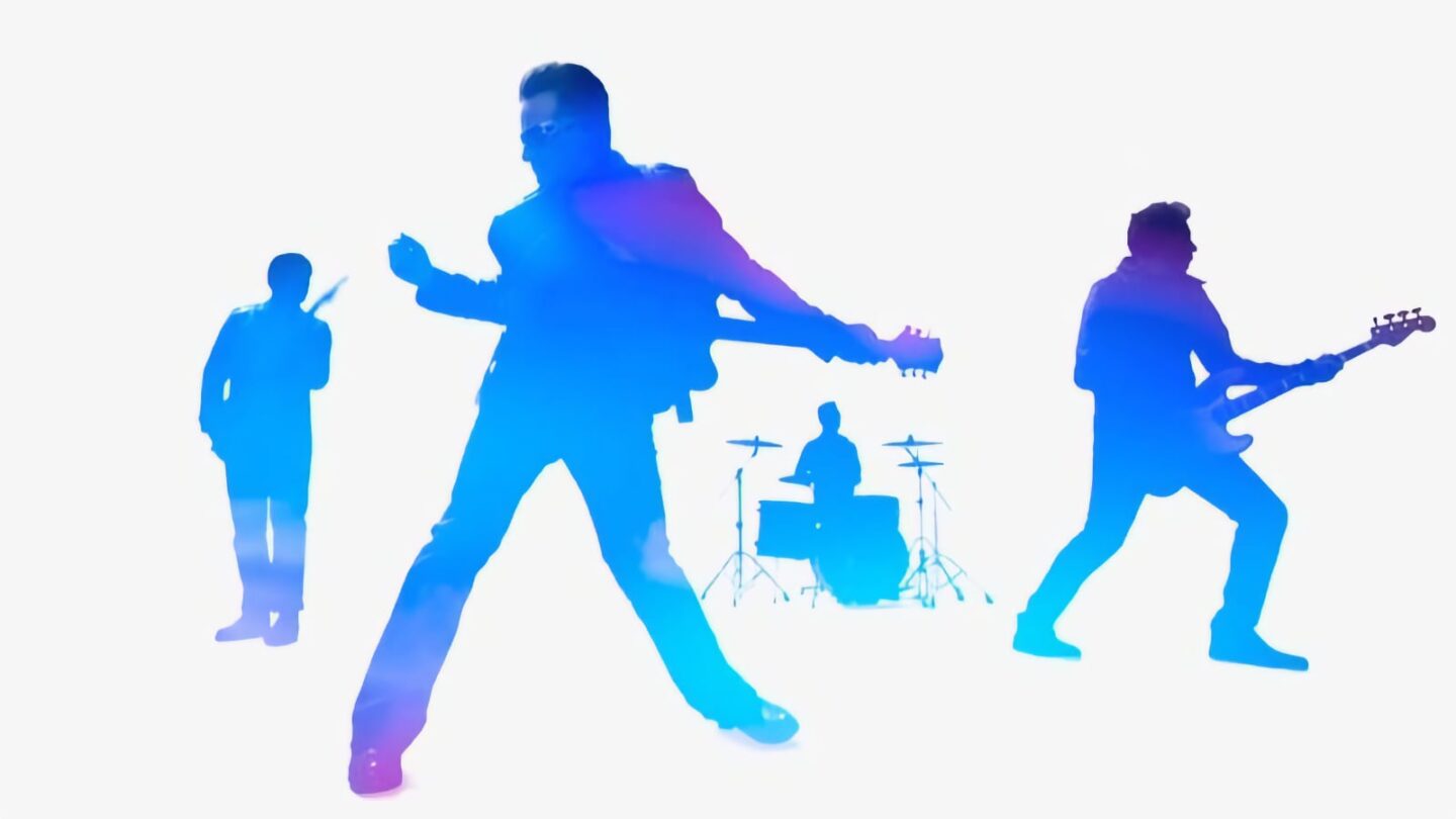 An image of U2 from a video for "Songs of Innocence," used to illustrate Apple's U2 album giveaway