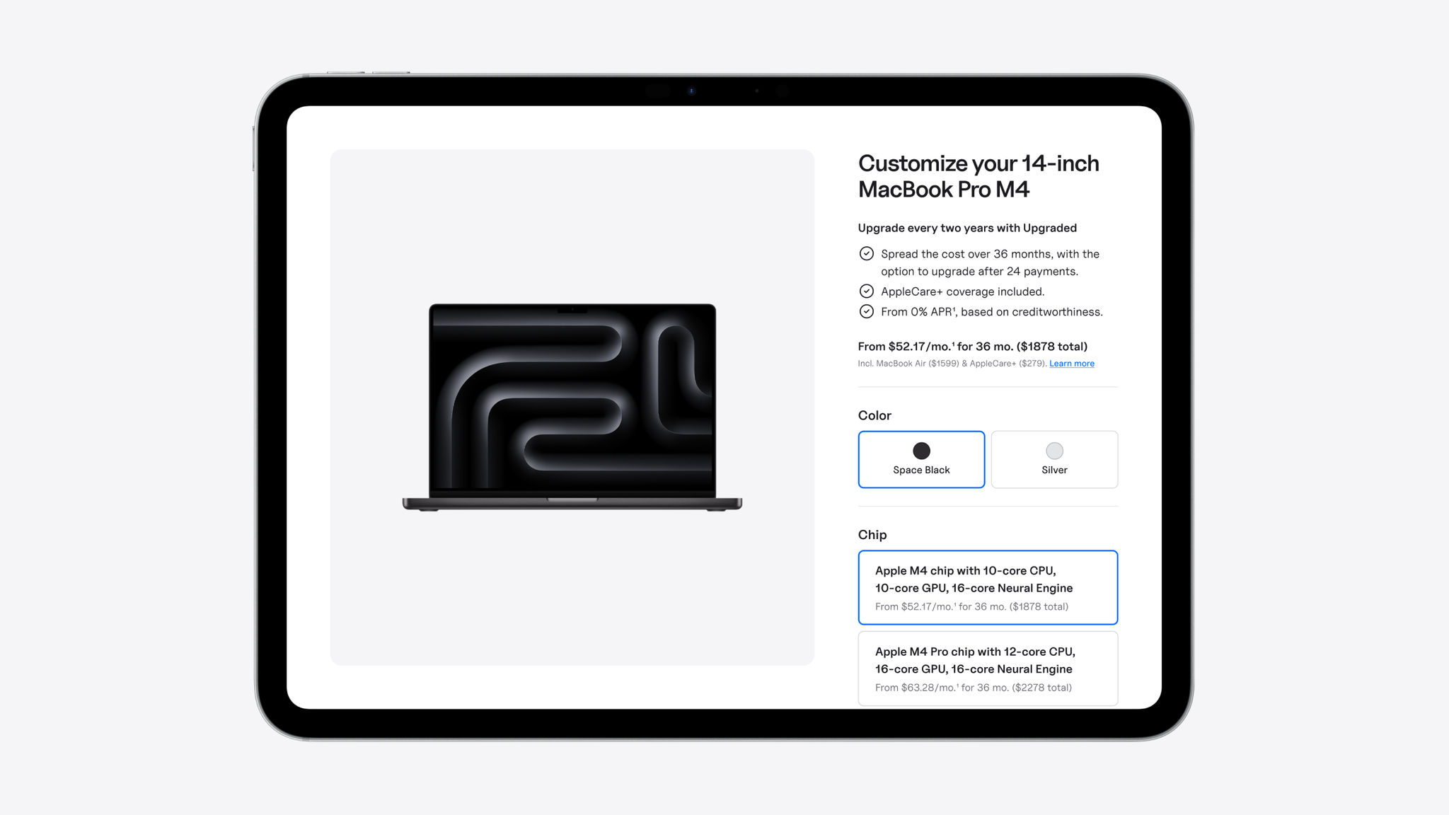 Upgraded B2B Customize_Pro_(16 9) Image of an iPad with the words "Customize your 14-inch MacBook Pro M4" on the screen, to promote Upgraded's MacBook financing program
