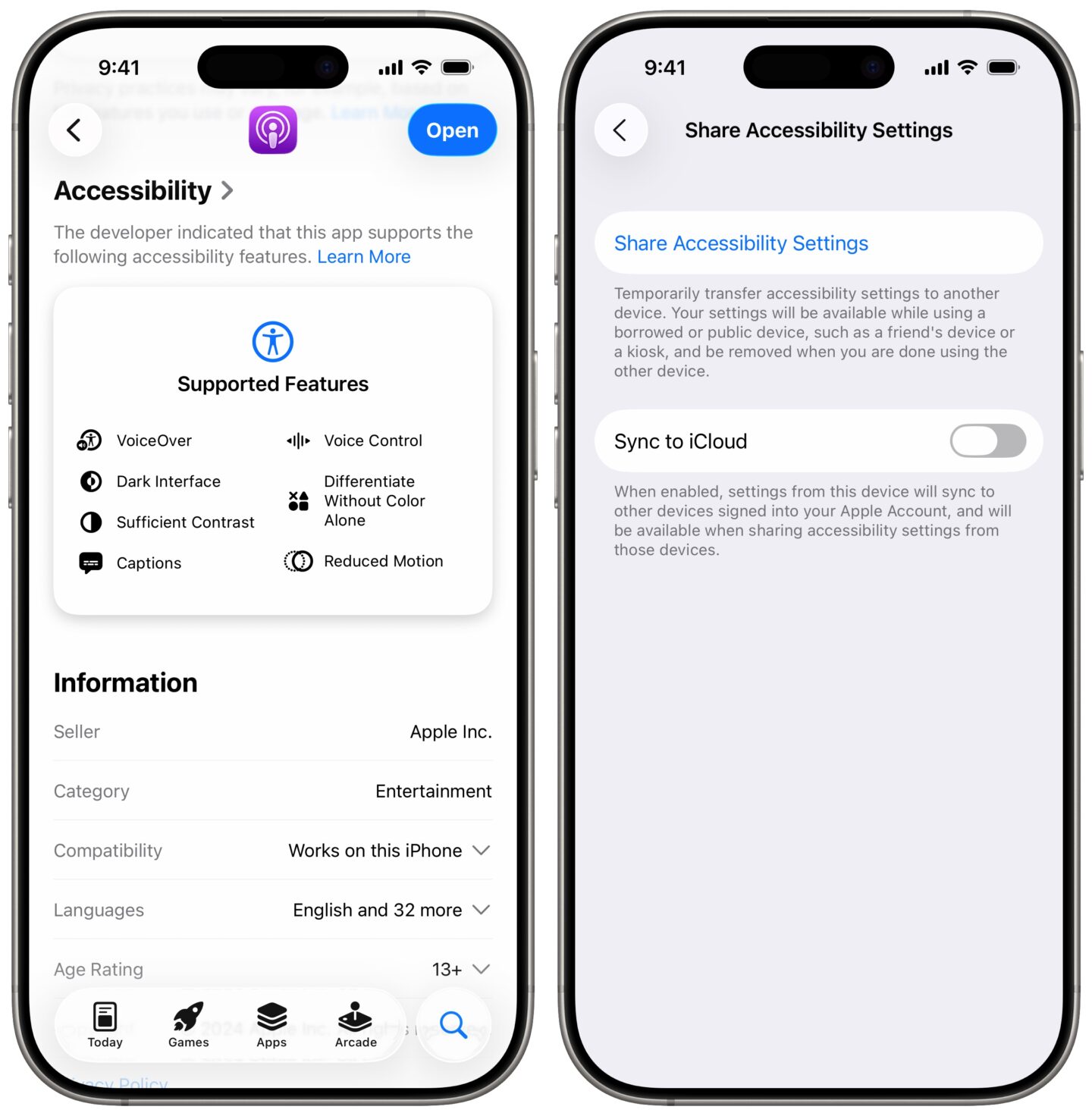 Accessibility features listed in the App Store (left) and Share Accessibility Settings (right).