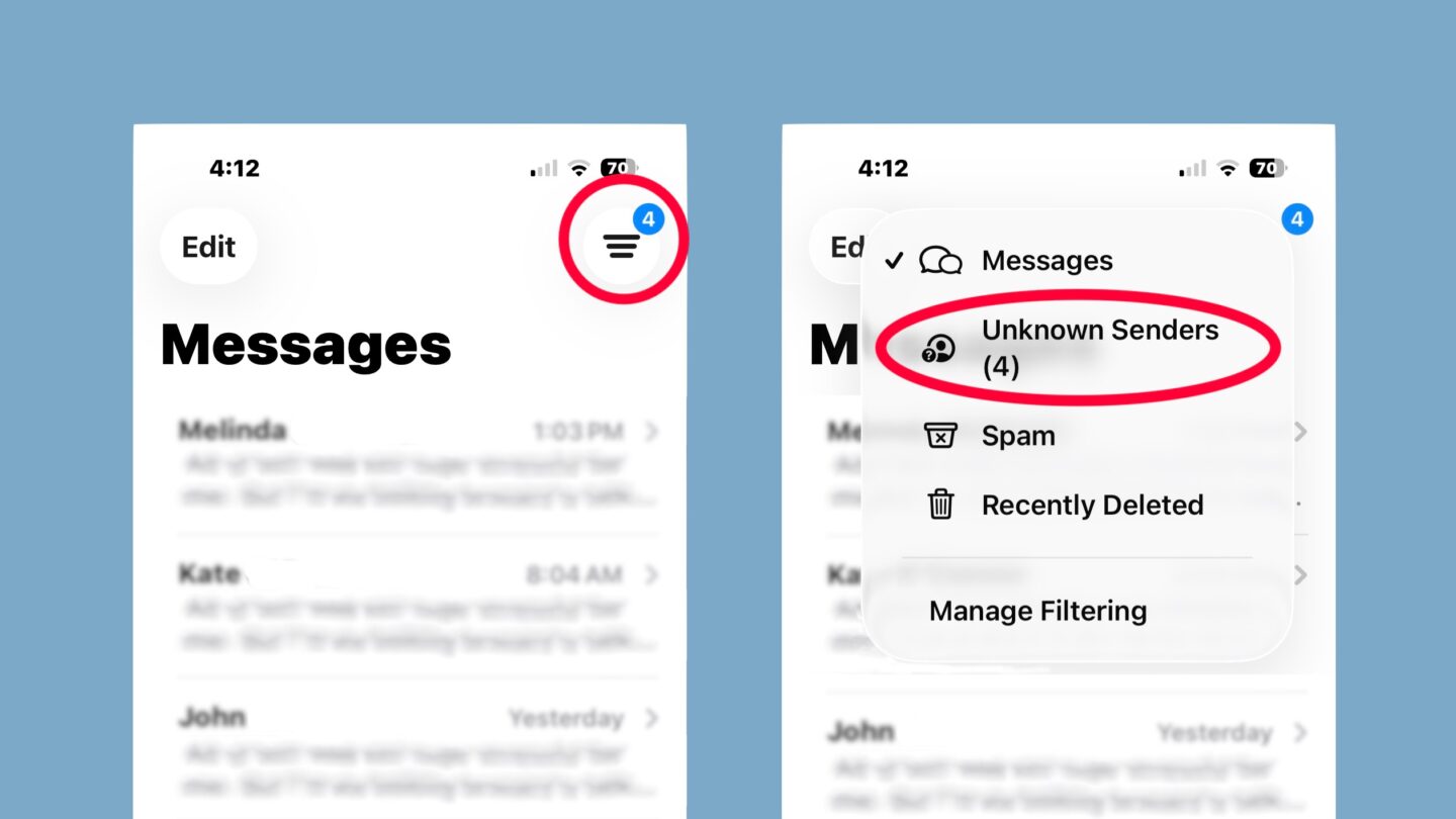 How to find texts from unknown senders