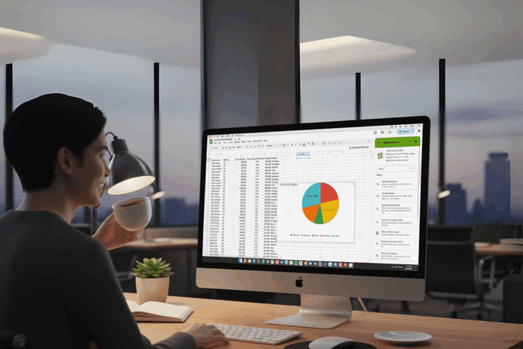 An AI image of a person in front of a computer monitor working on a Google Sheet while using AiAssistWorks.