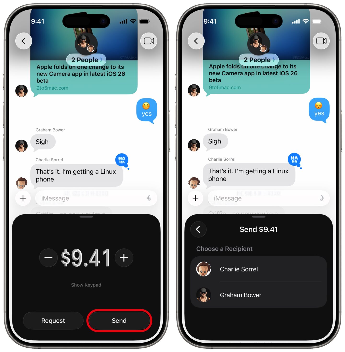 iPhone screenshots show sending an individual Apple Cash payment within a group chat