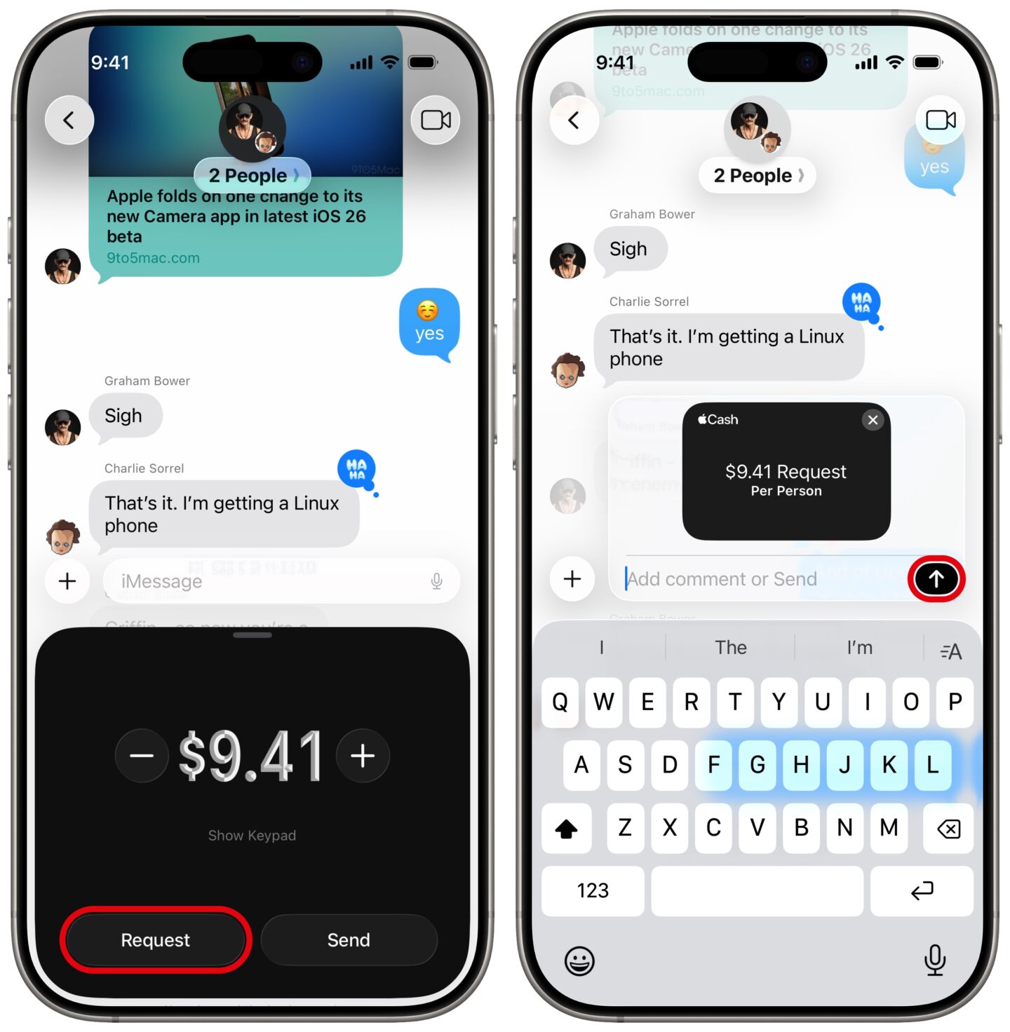 iPhone screenshots show how to request a payment via Apple Cash in a group chat