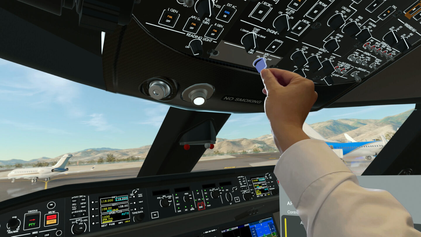Person in a virtual plane cockpit interacting with controls