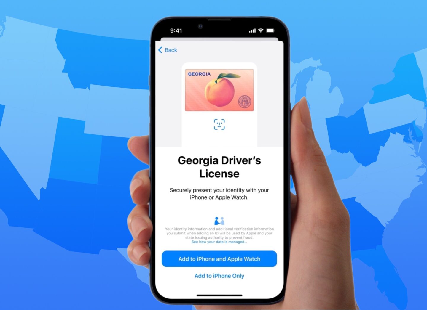 Graphic showing a Georgia digital ID over a map of the United States