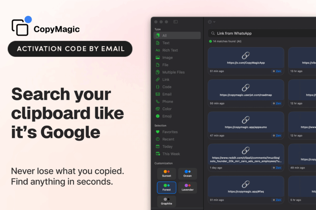 Mac screenshot showing CopyMagic smart clipboard manager