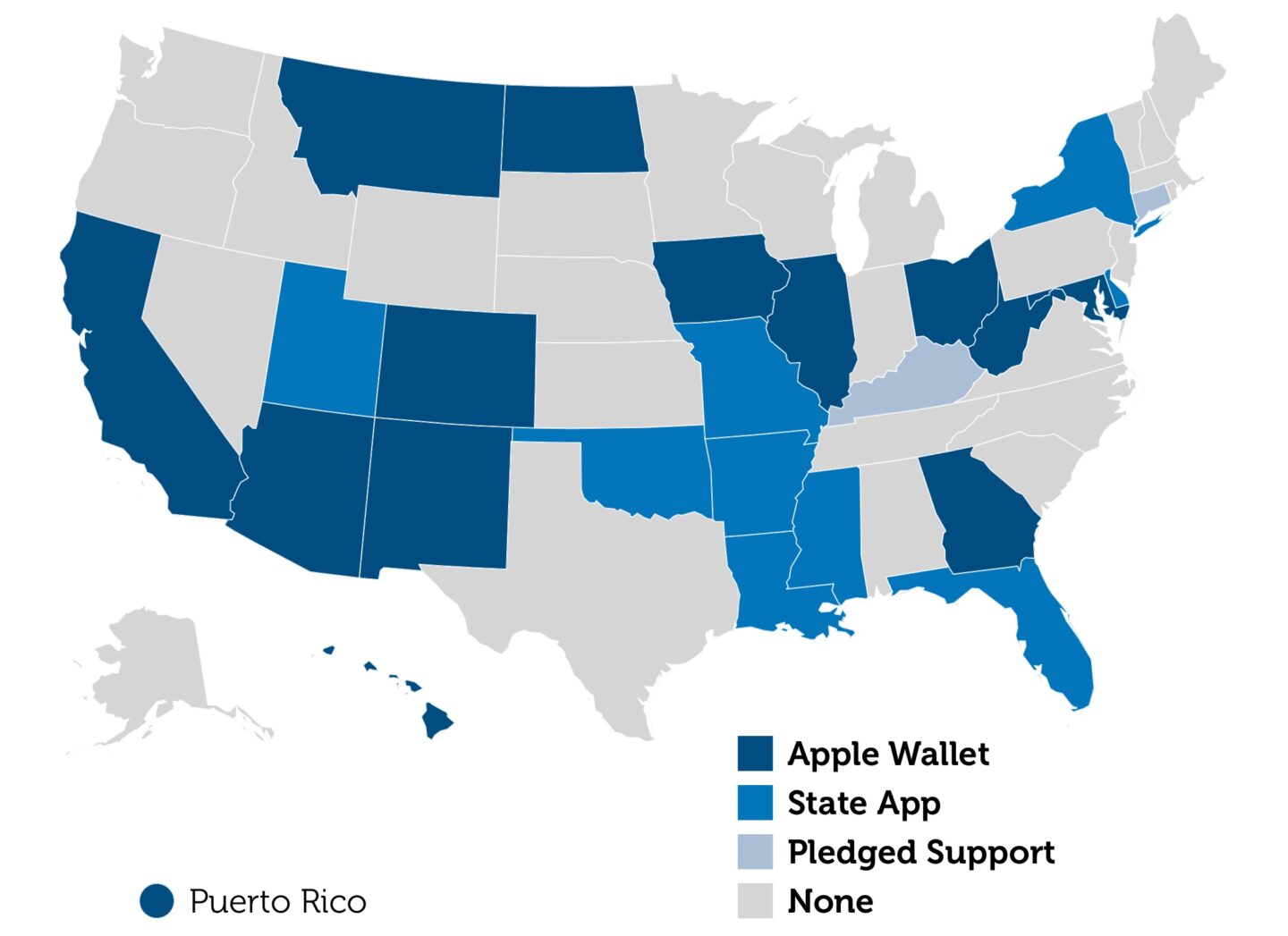 Digital ID Map Map of U.S. states with support for IDs in Apple Wallet