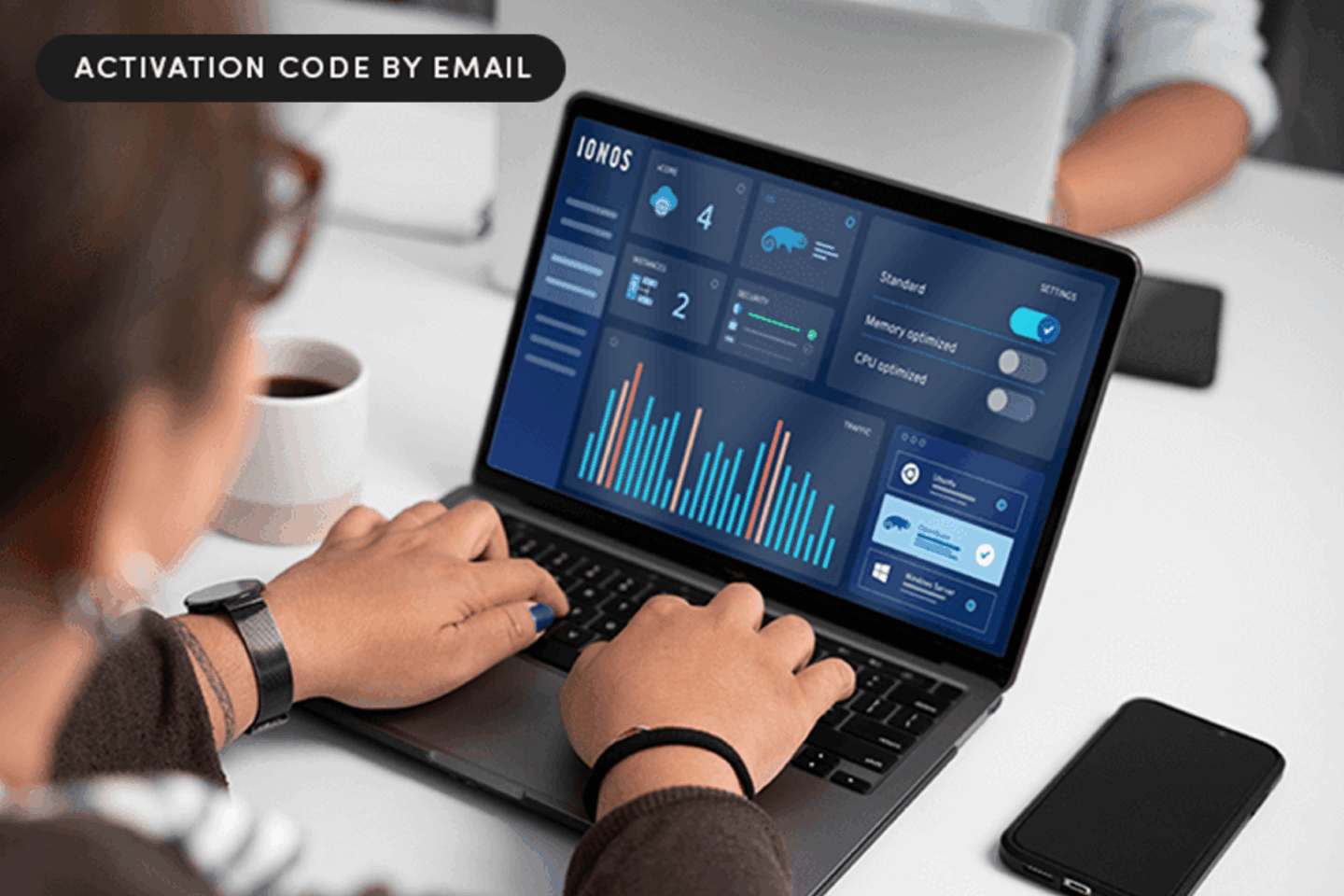 Photo of a woman using Ionos web hosting provider app on a laptop