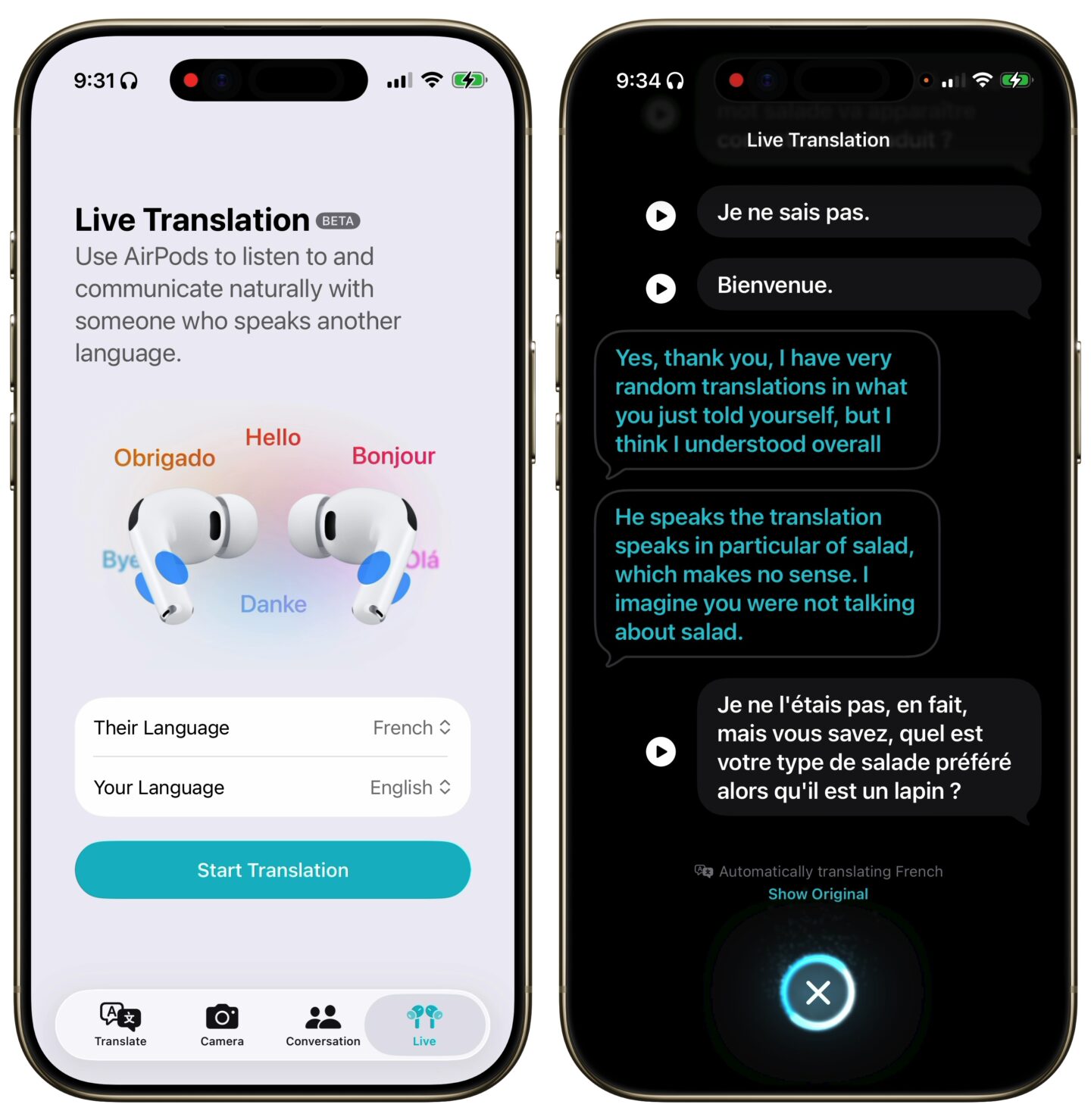 Live Translation Beginning Live Translation (left) and translation a conversation (right)