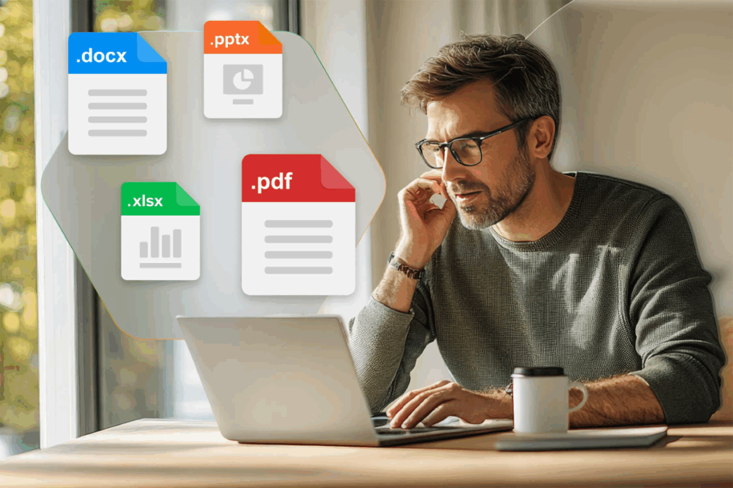 Man working on his laptop on the table plus multiple MobiOffice file icons at the forefront
