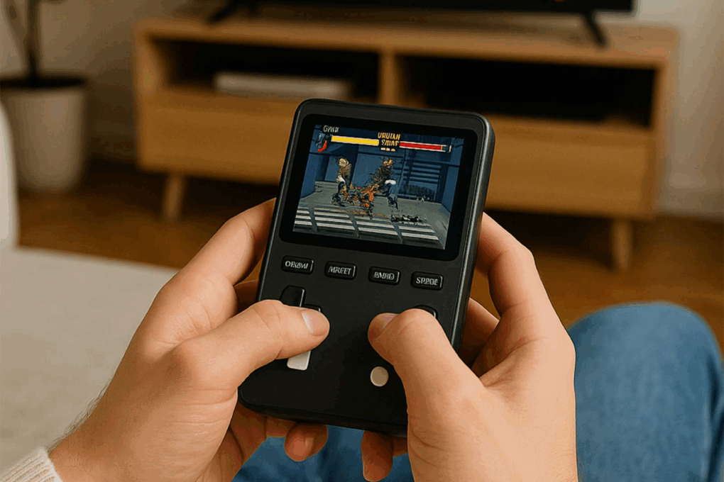 Person playing on a PowerBoy retro game console that doubles as power bank