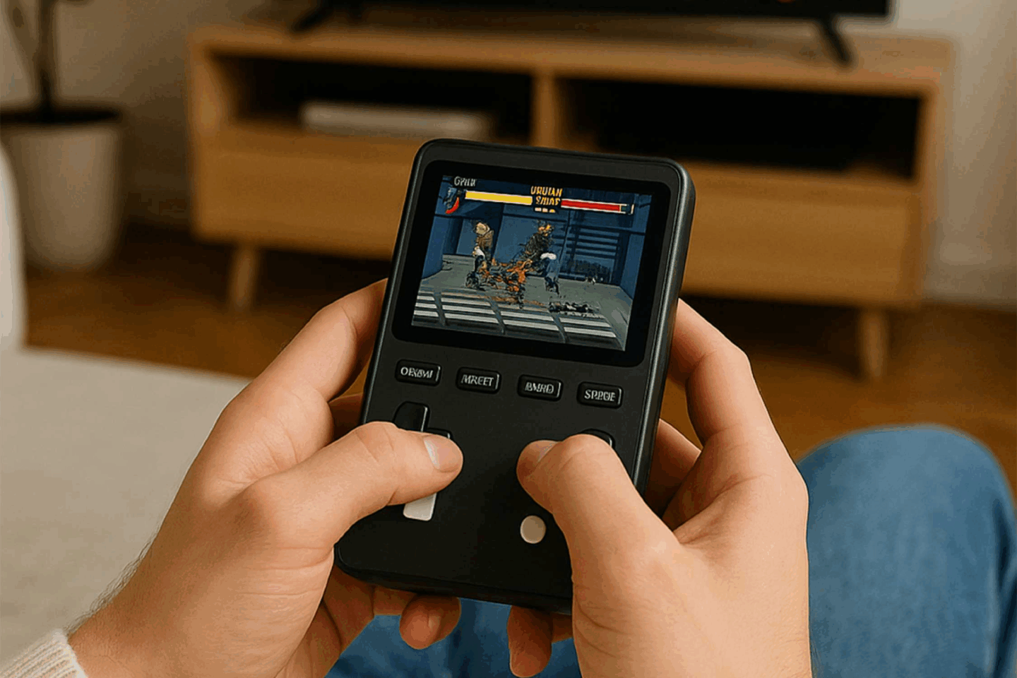 Person playing on a PowerBoy retro game console that doubles as power bank