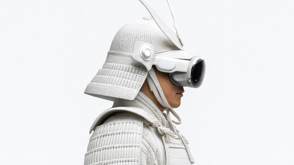AI-generated image of a samurai armored warrior in the style of an Apple Vision Pro strap