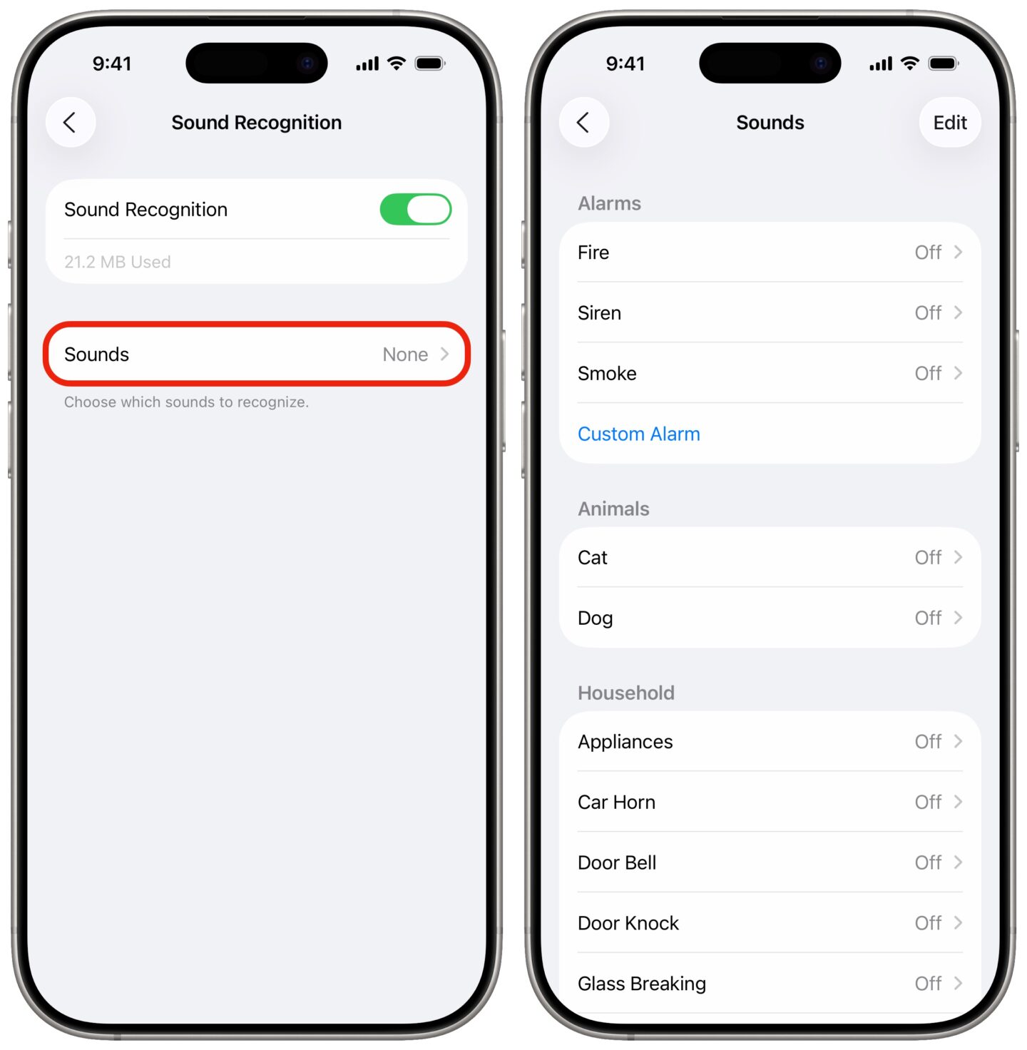 Enabling Sound Recognition and choosing sounds from the list.