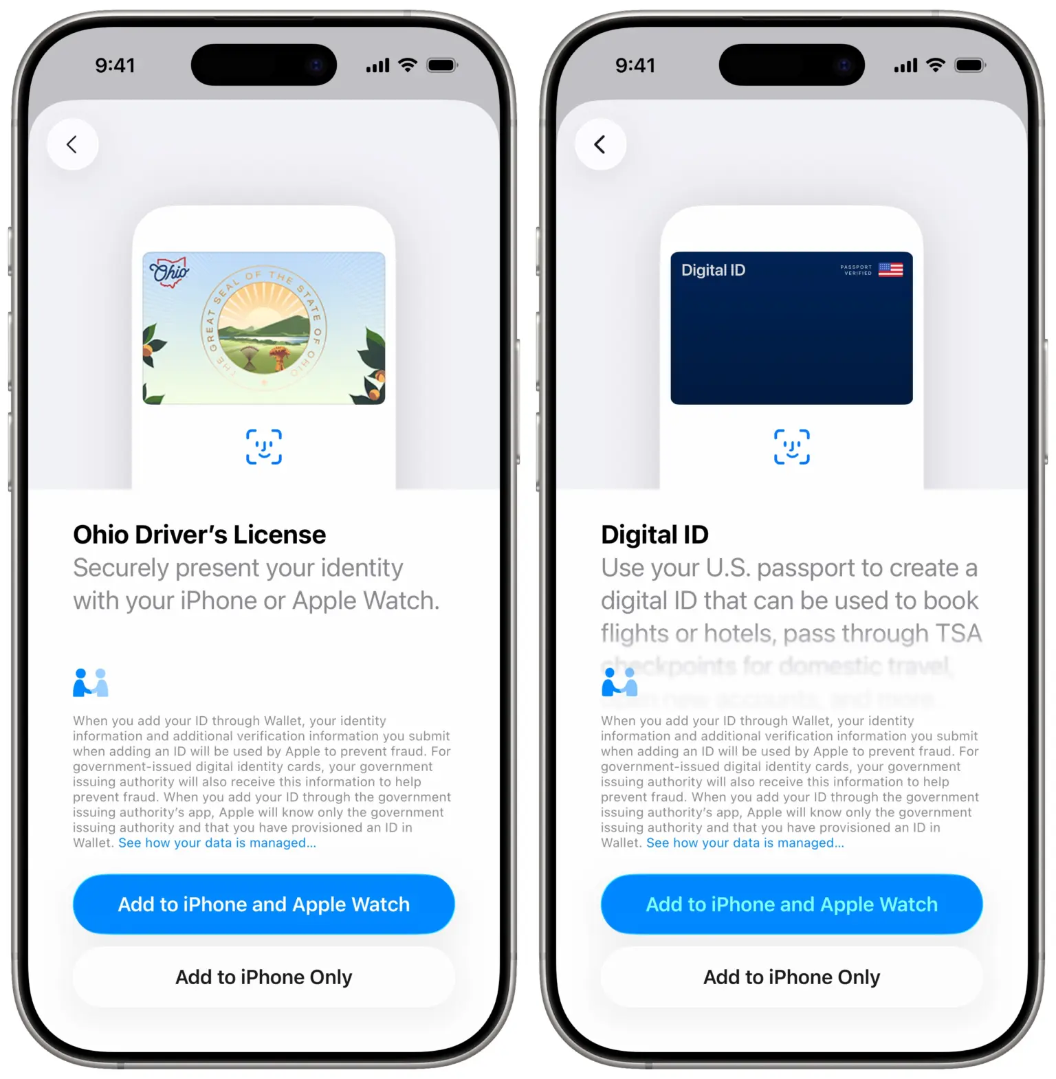 Ohio driver&rsquo;s license and federal digital IDs in Apple Wallet.