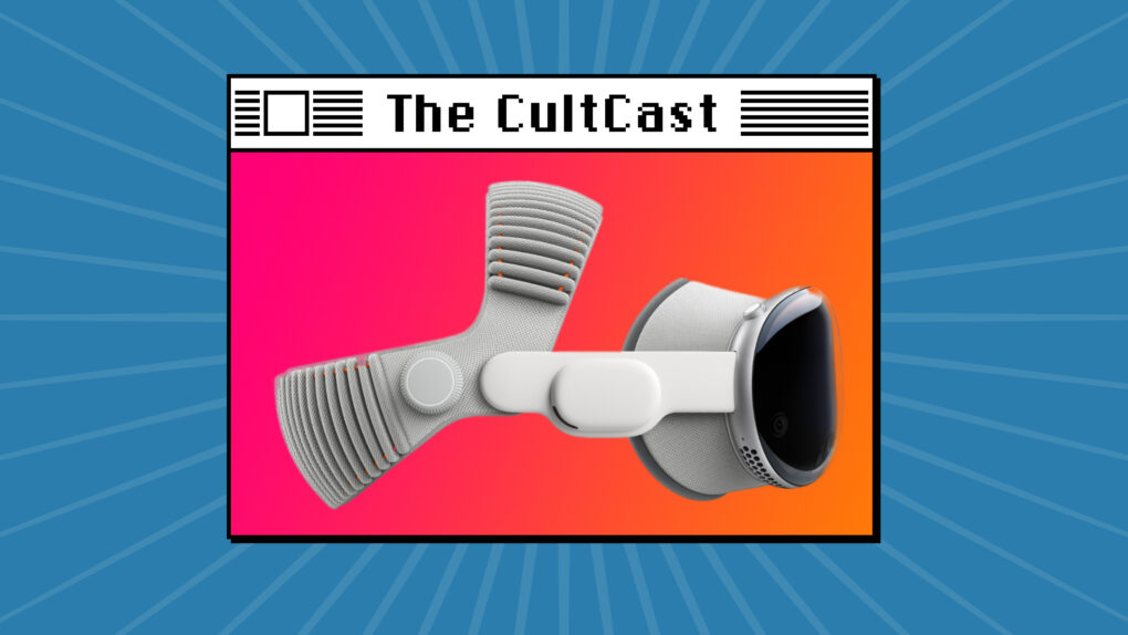 Photo of Apple Vision Pro Headset on a pinkish background, with The CultCast's logo.