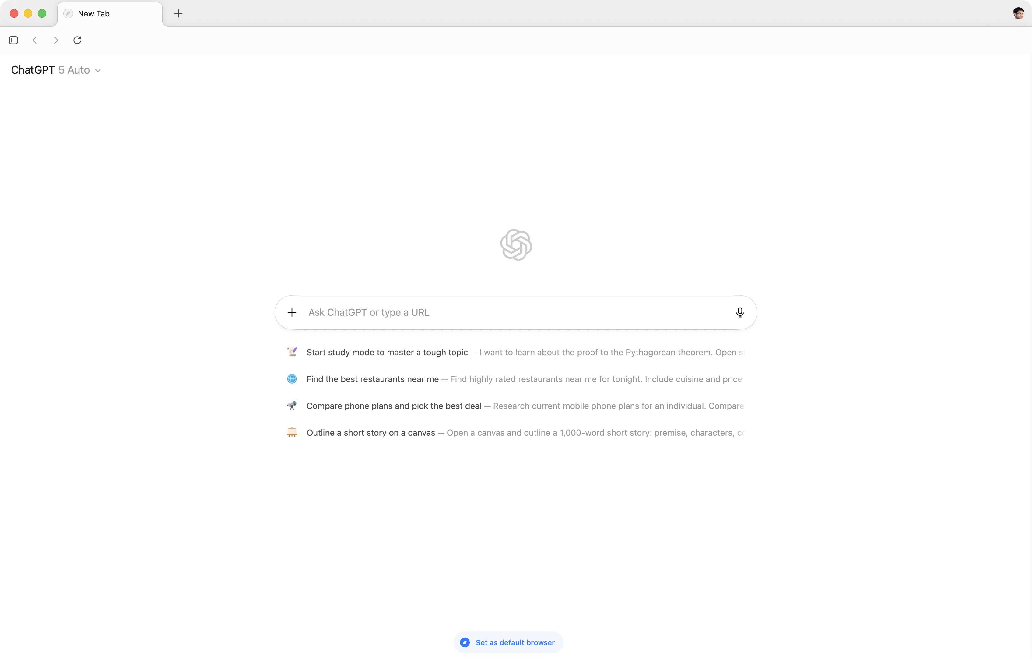 The new tab screen in ChatGPT Atlas The new tab screen in ChatGPT Atlas