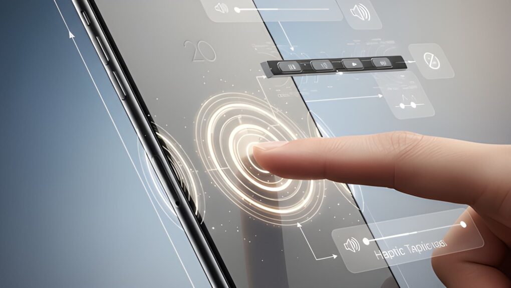 AI image of a smartphone with a finger pressing it, used to illustrate a story about how iPhone 20 might replace buttons with haptics