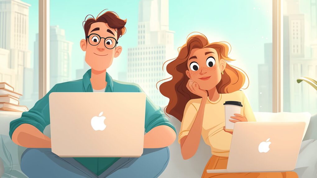 Cartoon image of a man and woman sitting on a couch with MacBooks on their laps and a city skyline in the window behind them.