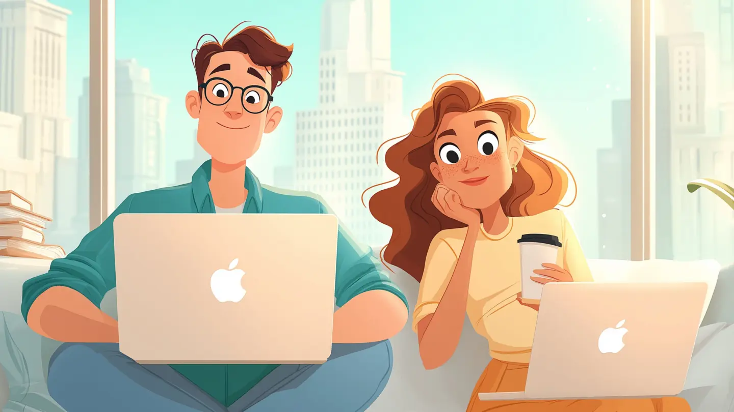 Cartoon image of a man and woman sitting on a couch with MacBooks on their laps and a city skyline in the window behind them.